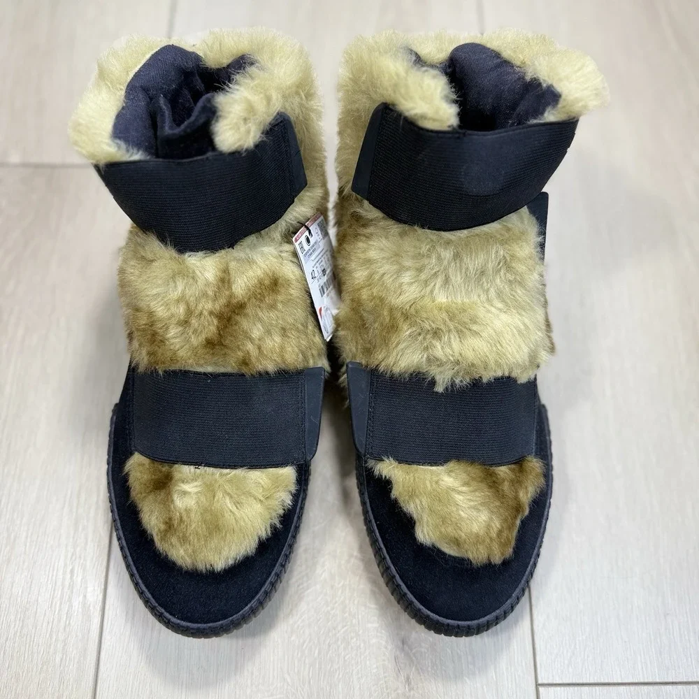 NEW‎ ZARA Faux Fur Lined High Top Cozy Shoes Mens US 9 EU 42 Black Hook Slip On